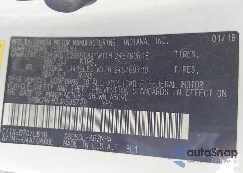 2018 Toyota Highlander Xle z USA, uszkodzony, nr VIN 5TDKZRFH3JS536729